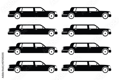 Luxury Fleet: A collection of sleek black limousine icons, representing a fleet of luxury transport options, perfect for high-end travel, special occasions, or VIP services. 