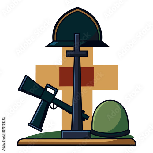 Solemn world war ii battlefield cross memorial with helmet and rifle