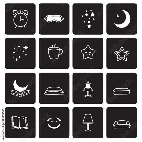 Collection of bedtime themed drawings on black squares set of icon
