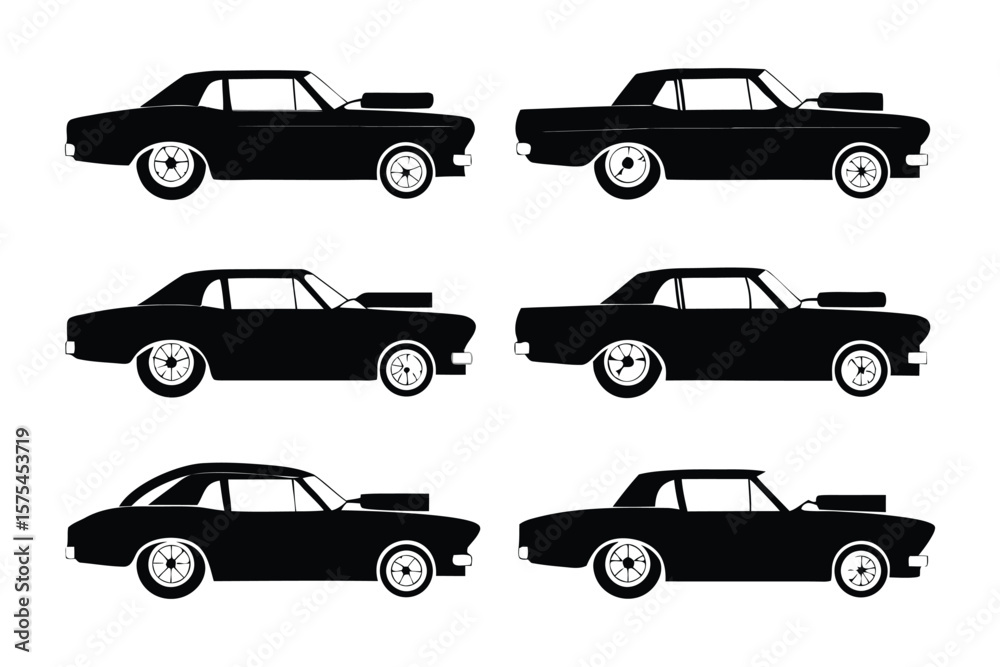 Fototapeta premium Classic Cars in Silhouette: A series of six iconic vintage cars are presented in sleek black silhouette form, showcasing their timeless design, perfect for illustrating a nostalgic automotive theme.