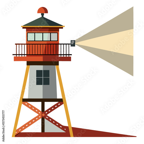 World war ii era watchtower with a powerful spotlight beam on a clean white background