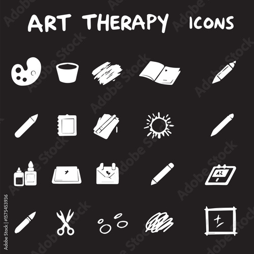 White drawings of art supplies on a black background art set of icon