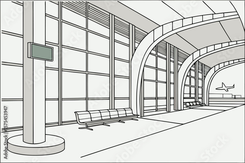 Illustration of an airport terminal interior with large windows and waiting area seating design