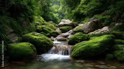 Waterfall cascading through mossy rocks in tropical rainforest