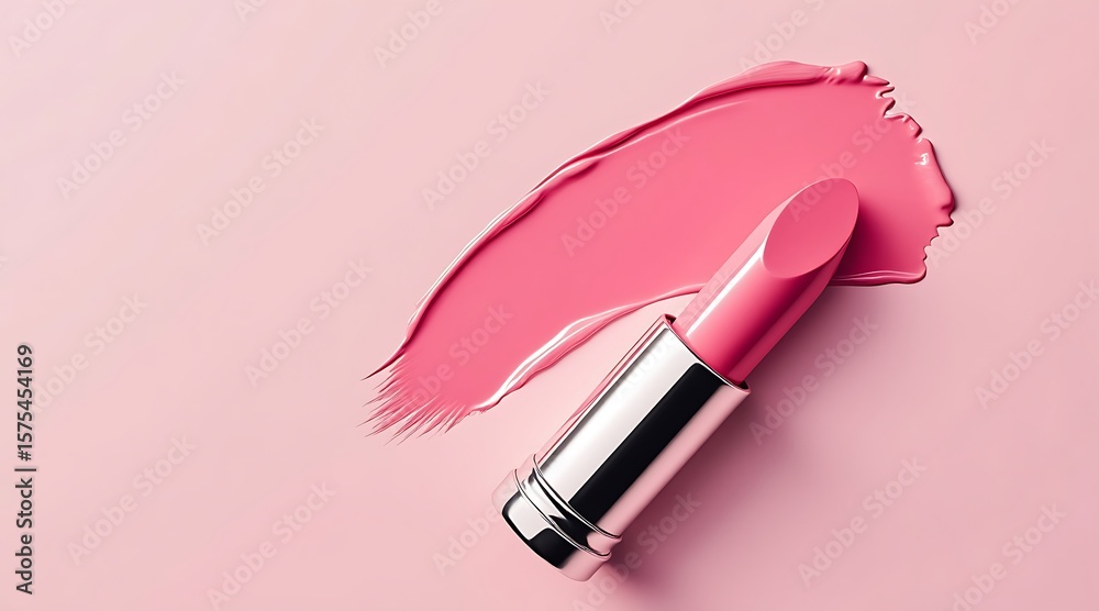 Obraz premium Pink lipstick with swatch on pastel pink background makeup cosmetic