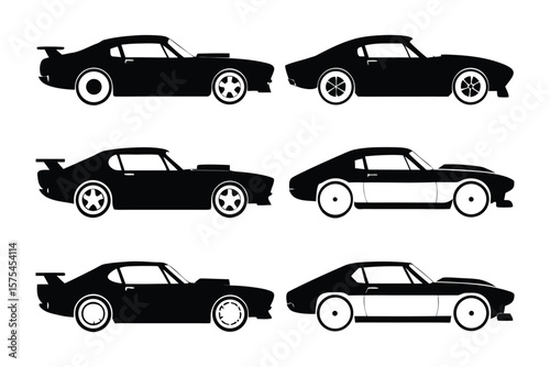 Classic Car Collection: A sleek collection of classic cars in a minimalist silhouette style, perfect for graphic design and automotive projects. Each car exhibits distinctive features.