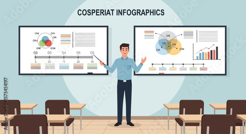 Teacher Explaining Data Infographics in Modern Classroom Setting, Financial Reports