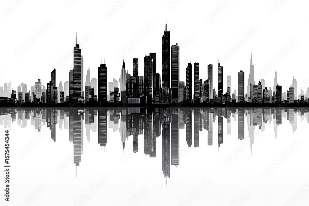 Obraz premium 近未来的な都市のスカイラインと水面反射のシルエット