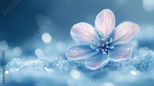 Delicate blue with flower in winter snow; bokeh background; spring arrival.