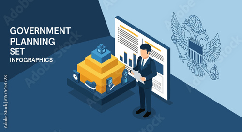 Isometric Government Planning And Analytics Presentation With Data Visualization Elements