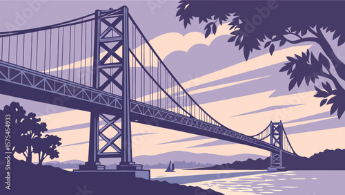 A stylized suspension bridge spans over water with a sailboat and trees in the distance on a cloudy day