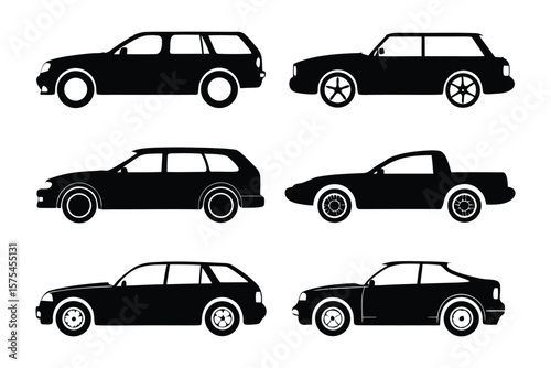 Automobile Silhouettes: A curated collection of automobile silhouettes against a neutral backdrop, showcasing a variety of car models, from family-friendly estates to sleek sports coupe.