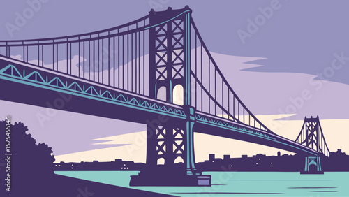 Illustration of a suspension bridge spanning a river with a cityscape in the background at dusk time