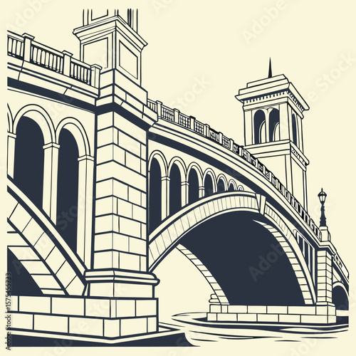 Illustration of a detailed stone bridge with arches and towers over water in a vintage style design