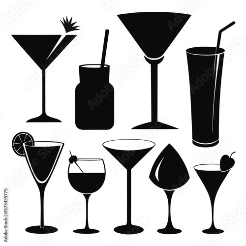 Assorted cocktail glasses with garnishes and straws drinkware beverages