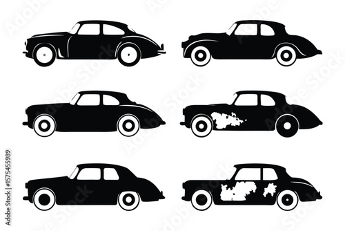 Classic Car Evolution: A set of six classic car silhouettes, showing different stages of wear and tear, illustrating the passage of time and the aging process.