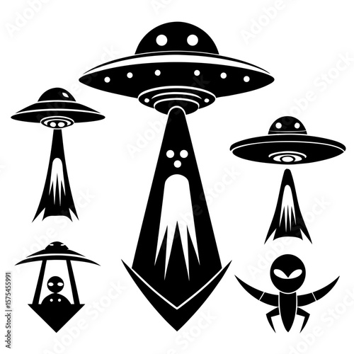 Black alien spacecraft and creature silhouettes flying saucer extraterrestrial
