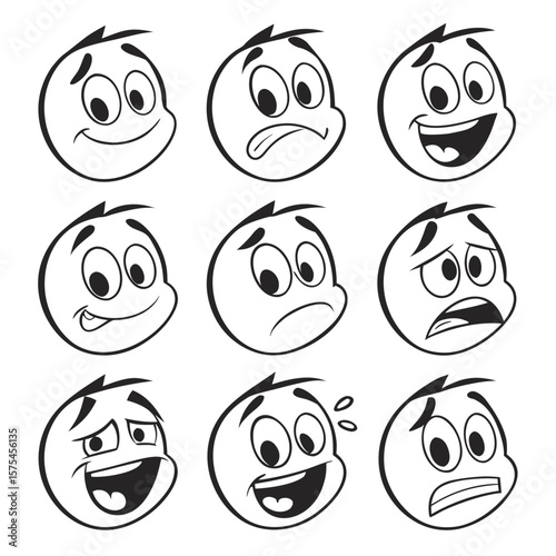 Black and white cartoon faces showing various emotions expressions happy