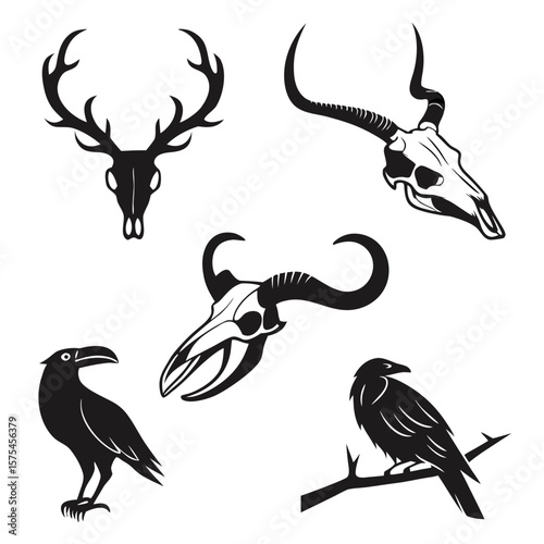 Black animal skull and bird silhouettes deer antelope