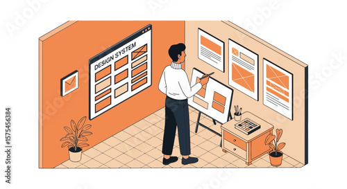 Creative Designer Conceptualizing Website Layouts in a Stylish Isometric Office Space