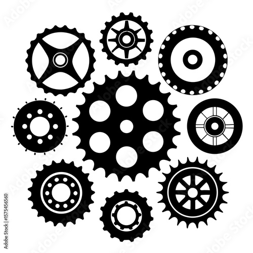 Black bicycle gears and sprockets arranged mechanically mechanical parts cycling components