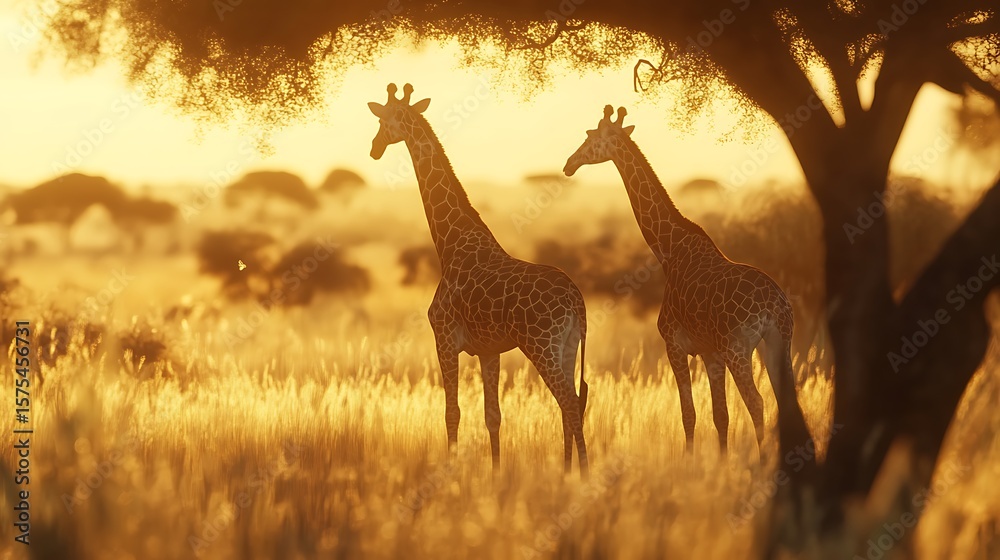 Obraz premium Peaceful giraffes in golden grass safari scene high resolution picture