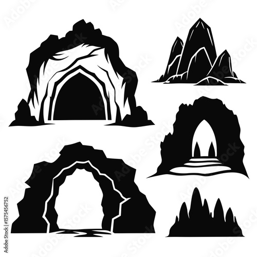 Black cave entrances and mountain peaks silhouettes tunnel