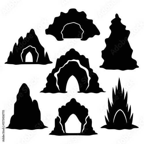 Black Cave Entrances and Tunnel Silhouettes vector