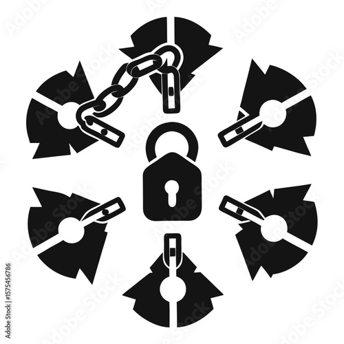 Black chain and lock silhouettes arranged in a circle security symbol