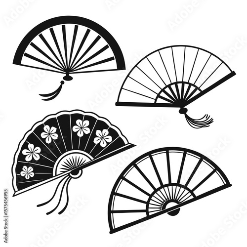 Asian fans with floral patterns and tassels traditional fan