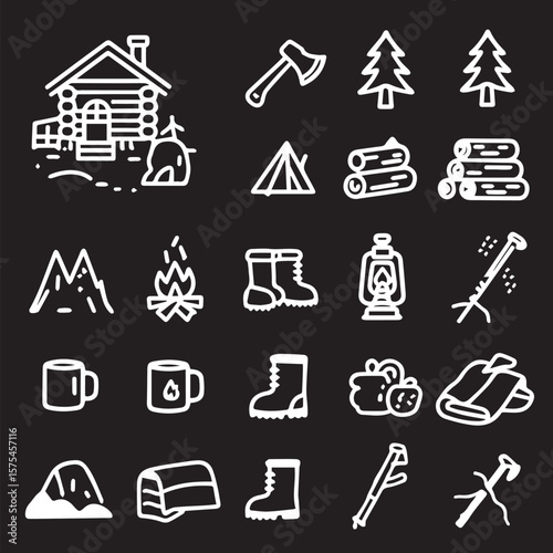 White outline drawings of camping and outdoor equipment set of icon