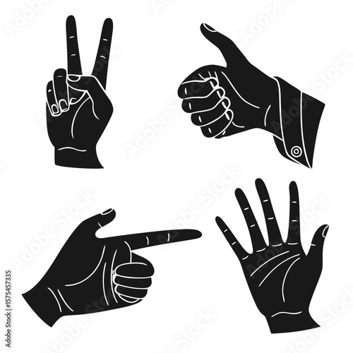 Black hand gesture icons peace thumb pointing open palm vector