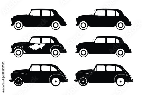 Classic Car Silhouette: A collection of timeless vehicles, embodying the grace and style of vintage transportation, rendered in elegant silhouette form, perfect for design and conceptual use.