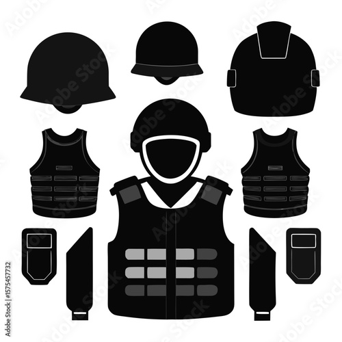Black bulletproof vests and helmets tactical gear protection