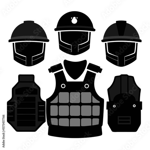 Black bulletproof vests and helmets tactical gear protective equipment