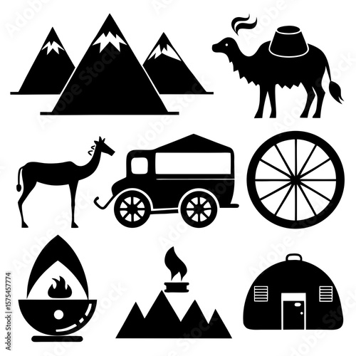 Black caravan travel scene silhouettes with mountains and animals