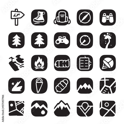 Assortment of camping and outdoor adventure themed symbols set of icon