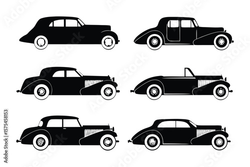 Vintage Car Silhouette Collection: A set of stylish silhouettes showcasing classic vintage cars. Emphasizing elegance and the charm of bygone eras, capturing automotive history and design heritage.