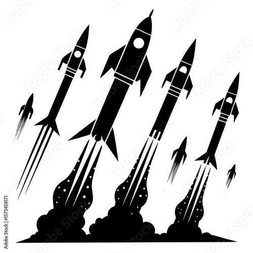 Black rockets ascend with fiery trails launch space
