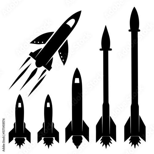 Black rocket silhouettes with flame trails space launch