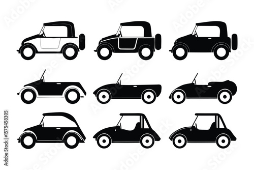 Classic Car Collection in Monochrome: A collection of nine meticulously rendered classic cars in monochrome, celebrating timeless automotive design.