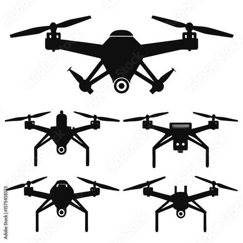 Black drone silhouettes flying from different angles