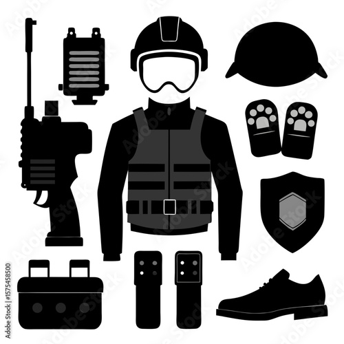 Black silhouette police and army equipment collection gear