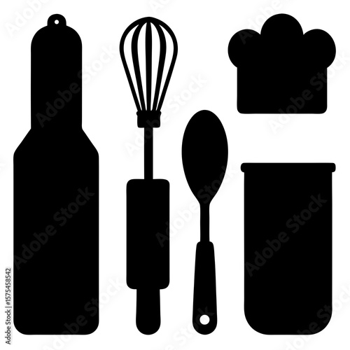 Black silhouettes of baking tools and chef hat kitchen rolling pin