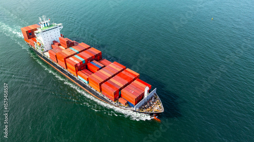 Aerial view Container cargo ship cargo shipping global business logistic import export freight shipping transportation by container cargo ship international, Container cargo freight ship vessel boat.