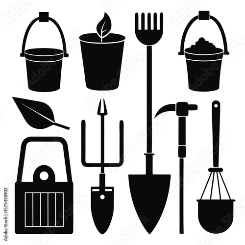 Black Silhouettes Of Garden Tools And Pots gardening white