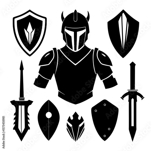 Black silhouettes of medieval knight armor and weapons sword