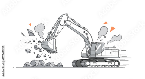 Heavy construction excavator machine digging and breaking ground with debris flying everywhere