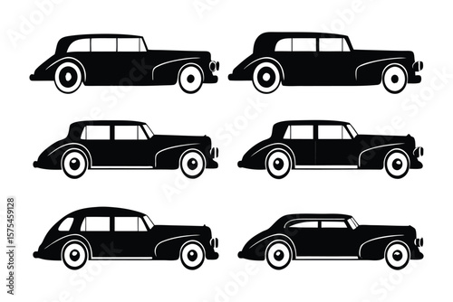 Vintage Car Collection: A timeless compilation of classic automobiles, meticulously illustrated in sleek black, embodying the elegance and nostalgia of a bygone era.