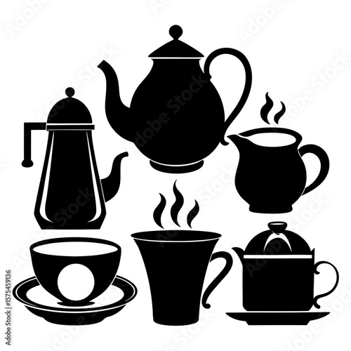 Black silhouettes of tea set objects tea cup teapot